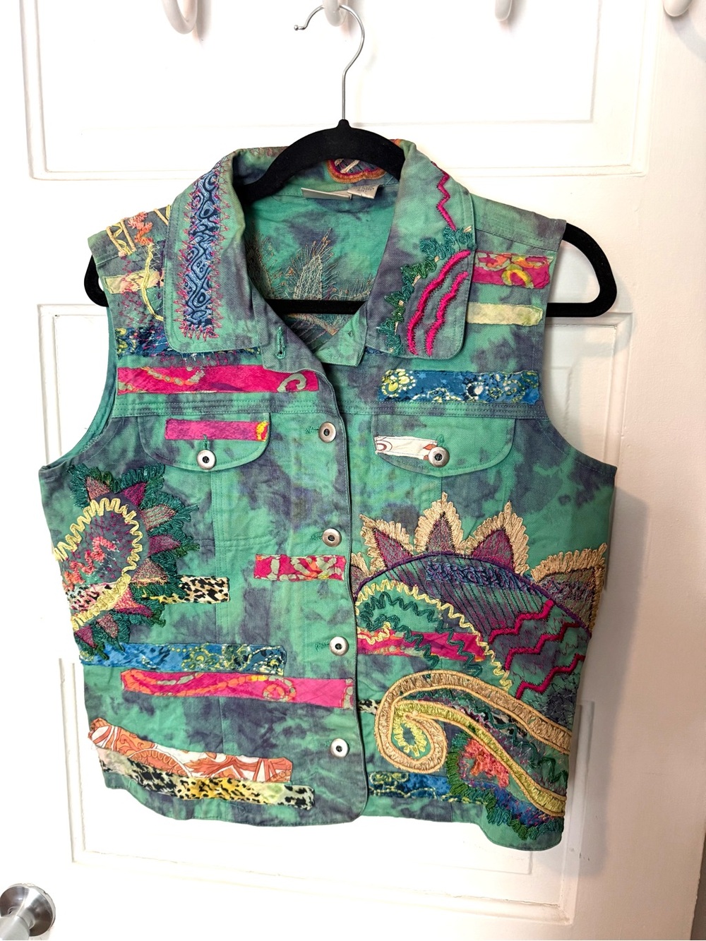 Vintage Tie Dye Embroidered Patch Work Vest, Unique Y2K Vest